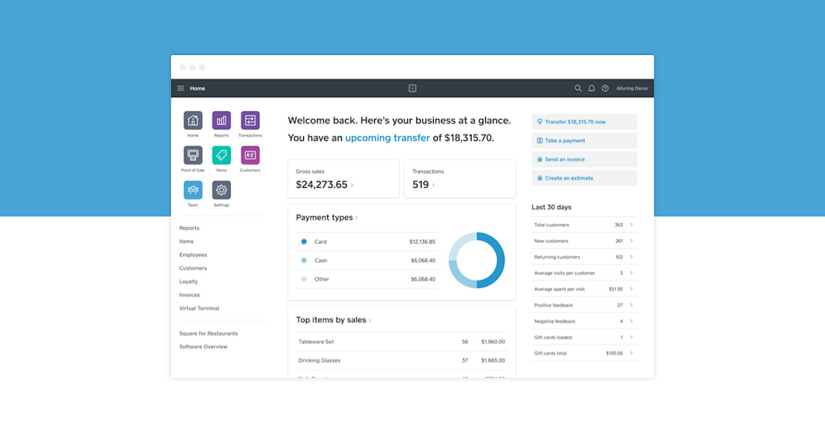 Square Dashboard reports and analytics preview